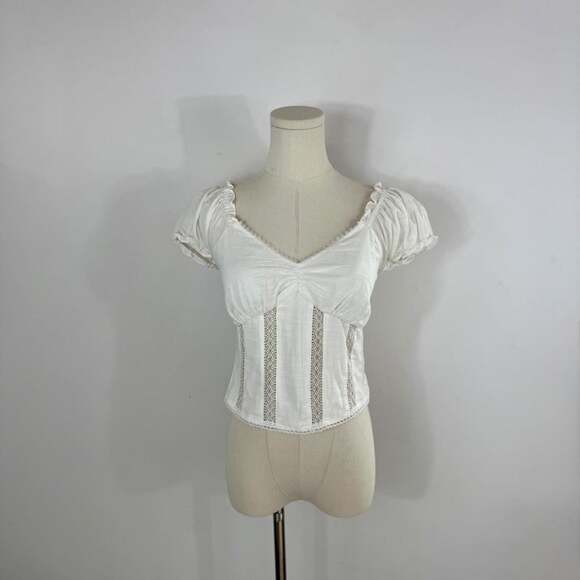 Heartloom Tops - Heartloom White Lace-Trim Corset Top | Puff Sleeve Smocked Back | Womens Size XS